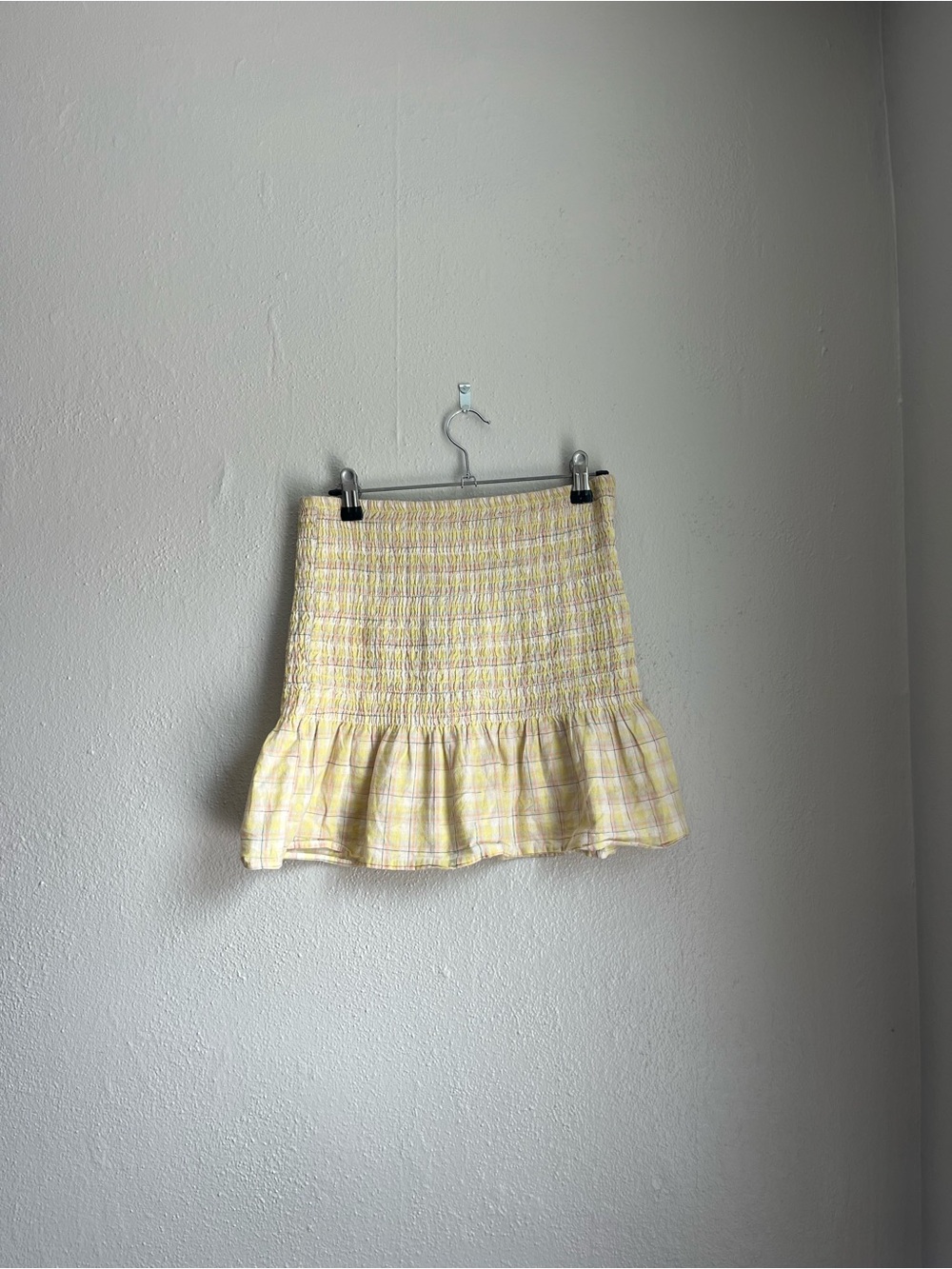 Yellow Plaid Ruched Mini Skirt